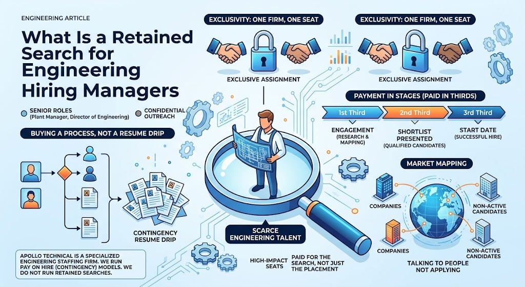 Infographic explaining retained search for engineering hiring managers, including exclusivity, payment in thirds, and market mapping.