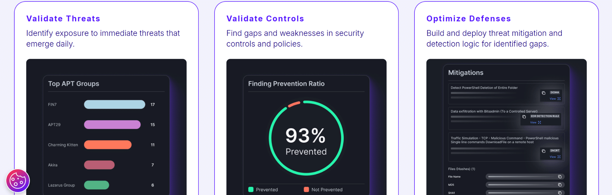Breach and attack simulation platform showcasing threat validation, security control testing, and defense optimization through simulated attack scenarios and security findings.