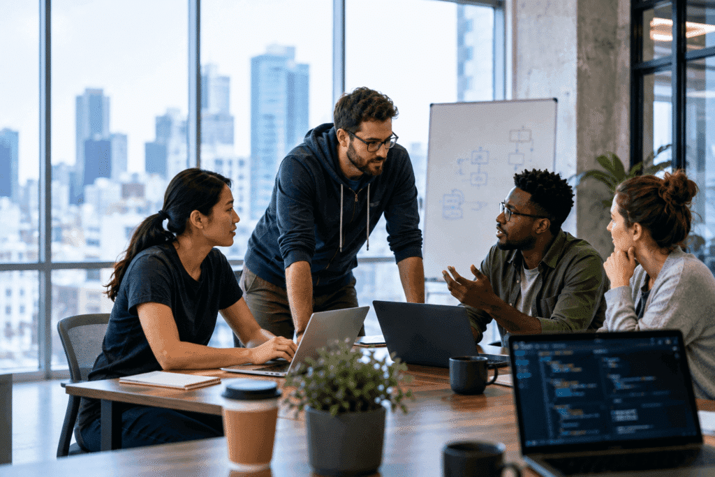 An engineering team collaborates in a modern office, using laptops and a whiteboard to discuss technical problems and solutions.