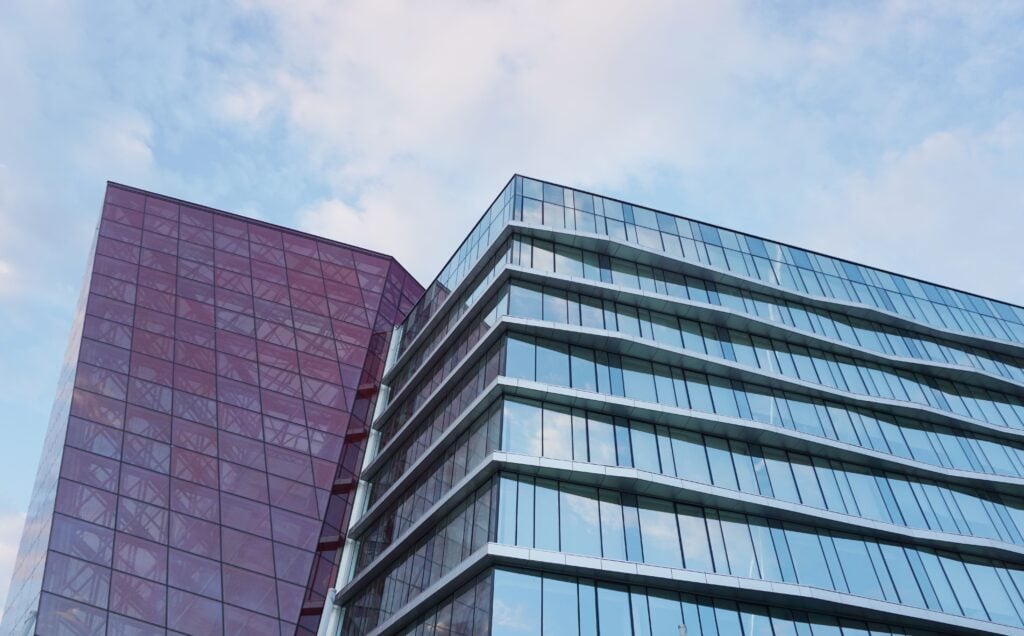 High-rise building exterior for commercial roofing operations