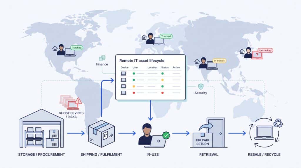 Remote IT asset lifecycle dashboard showing tracked devices across a world map with storage, shipping, in-use, retrieval, and resale stages
