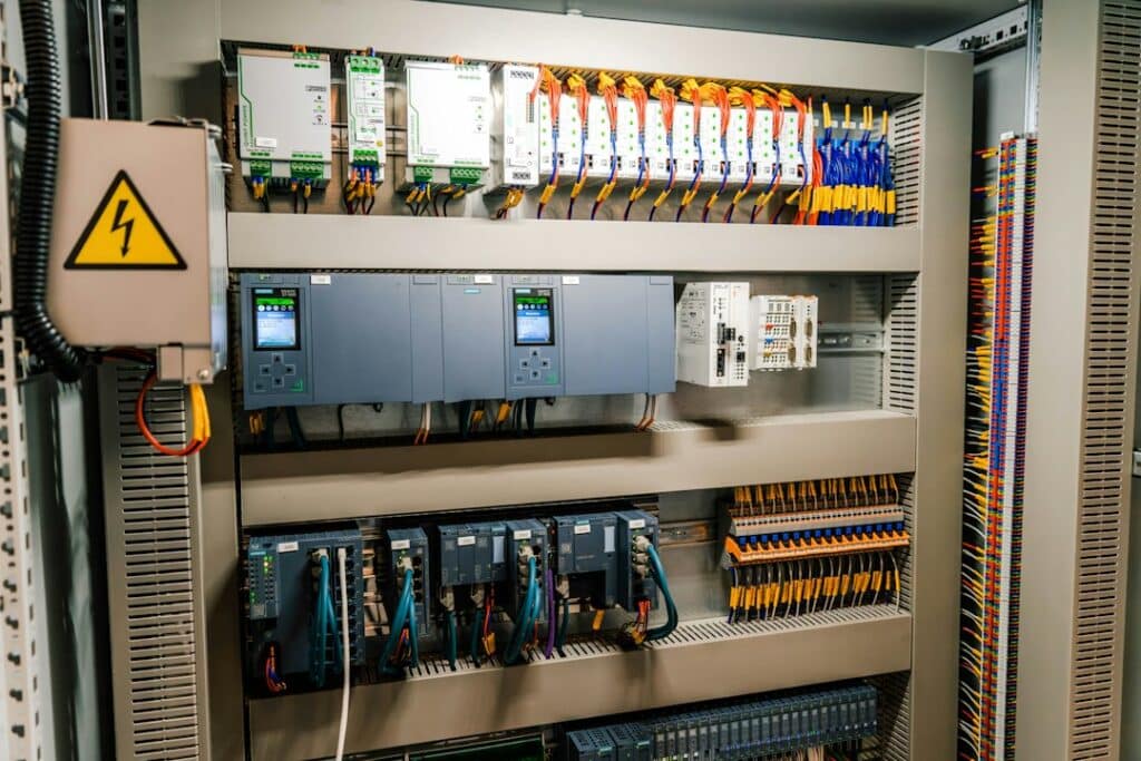 Industrial control panel with PLC wiring built by controls engineers