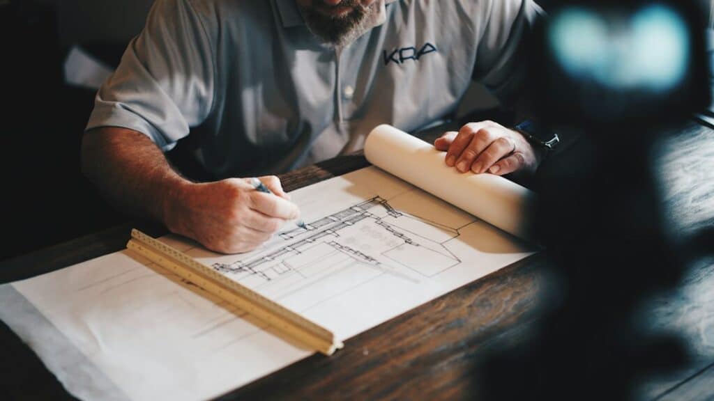 Project engineer reviewing construction drawings