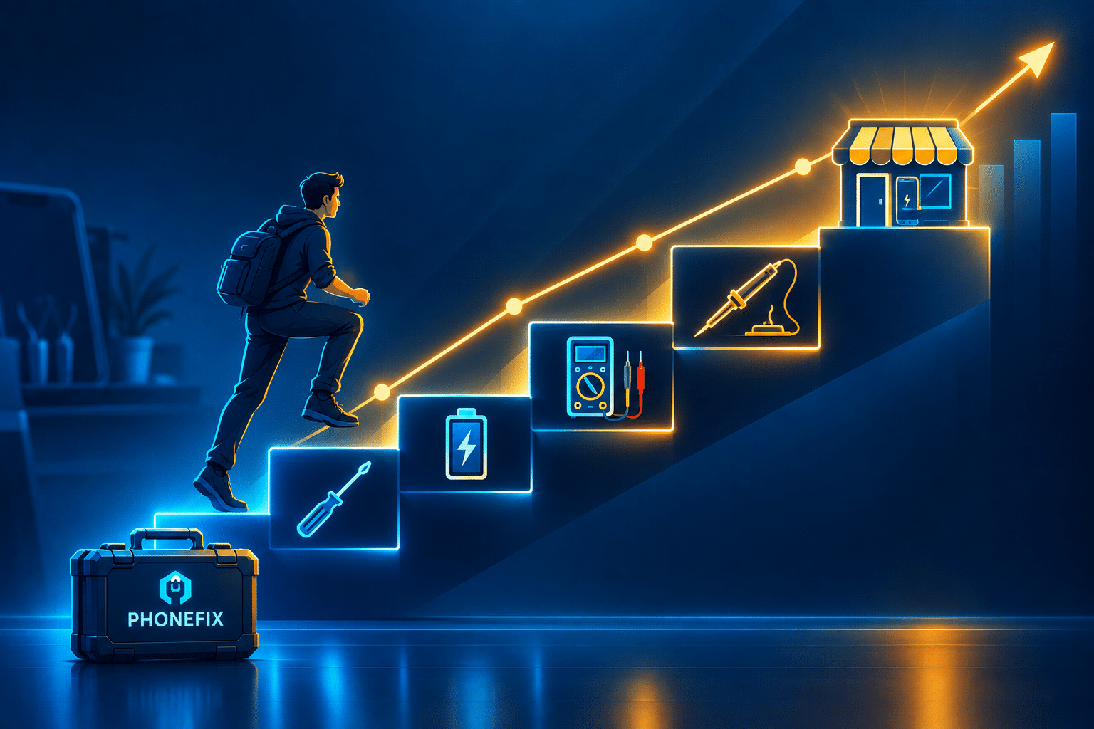 Illustration of a technician climbing steps from basic phone repair tools to owning a repair shop