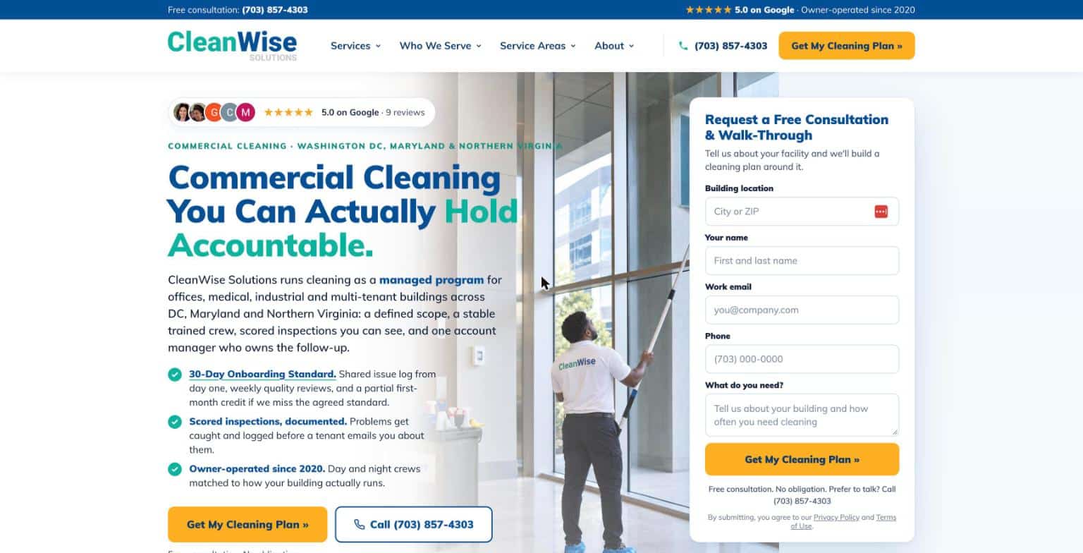 Homepage screenshot of CleanWise Solutions