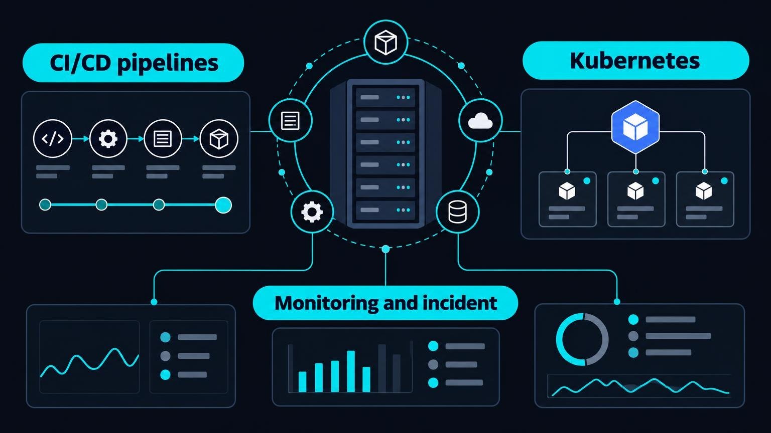 Flat vector illustration of container orchestration nodes and telemetry graphs with labels.