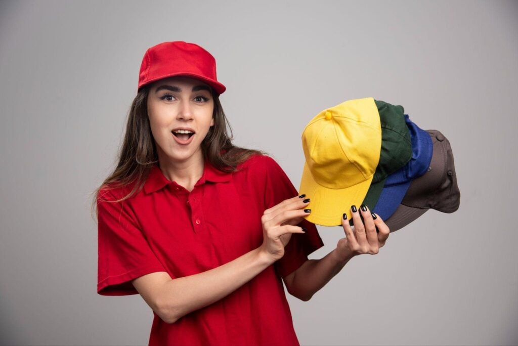 Smiling worker in a red cap holding a stack of colorful custom branded baseball caps