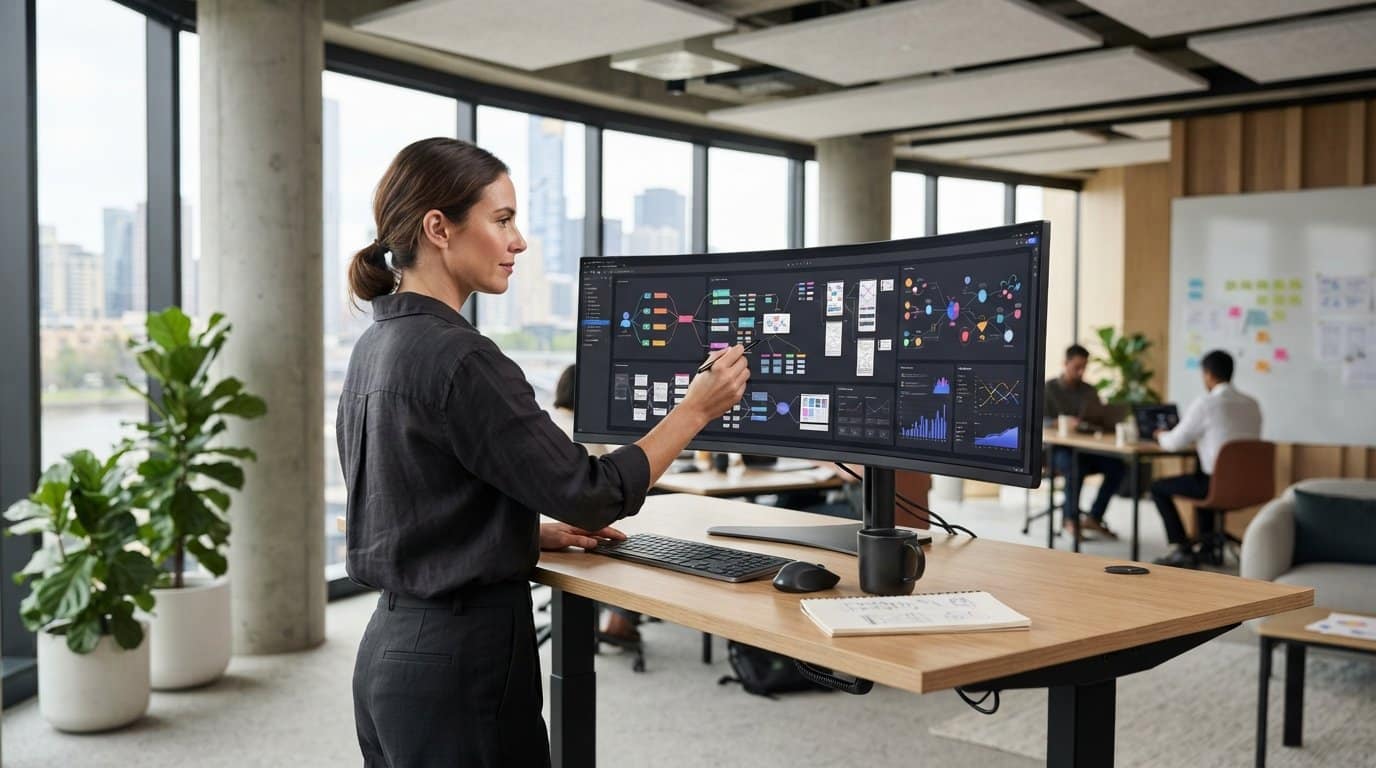 Professional mapping ideas on a digital design thinking board at a standing desk