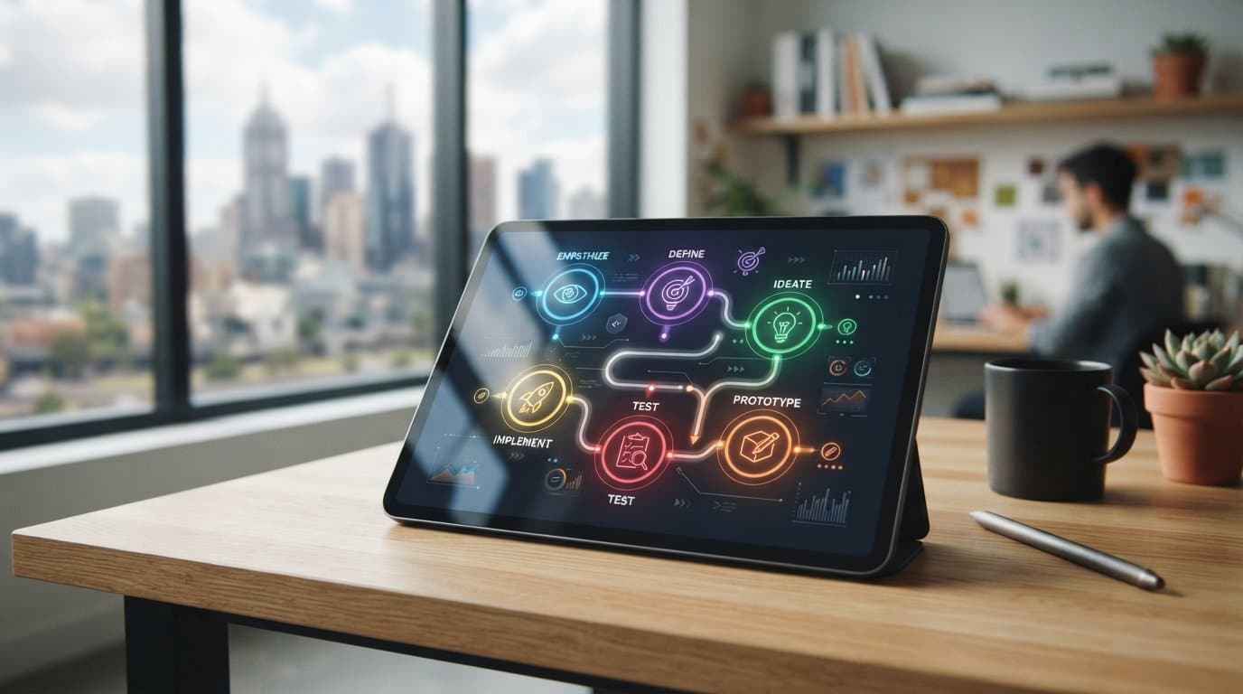 Tablet showing the design thinking stages empathize, define, ideate, prototype, test and implement