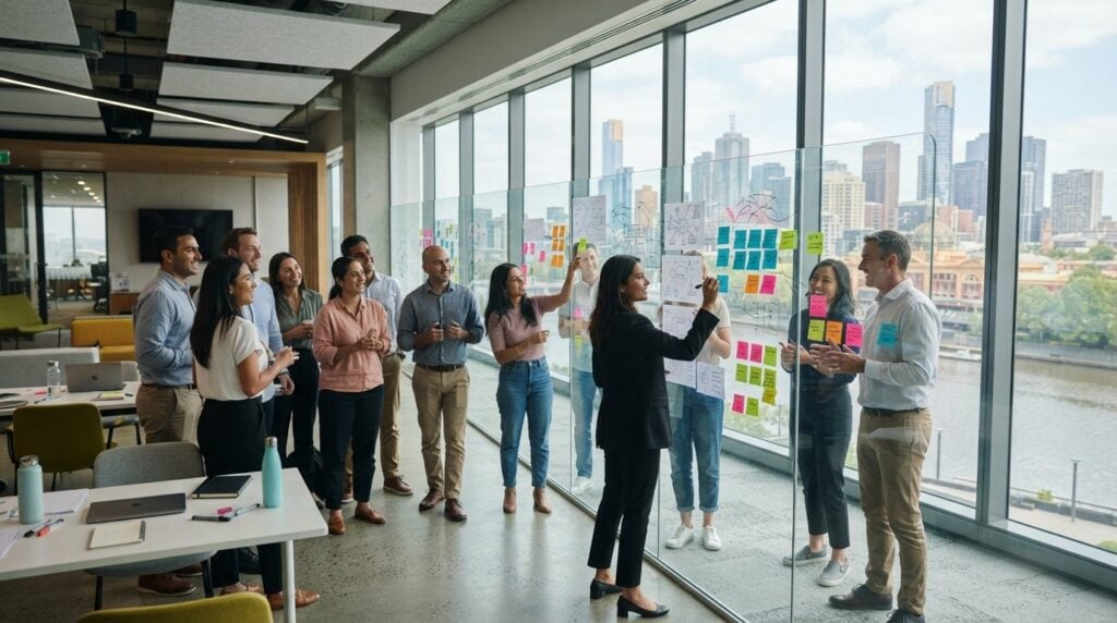 Team collaborating with sticky notes on a glass wall during a design thinking workshop