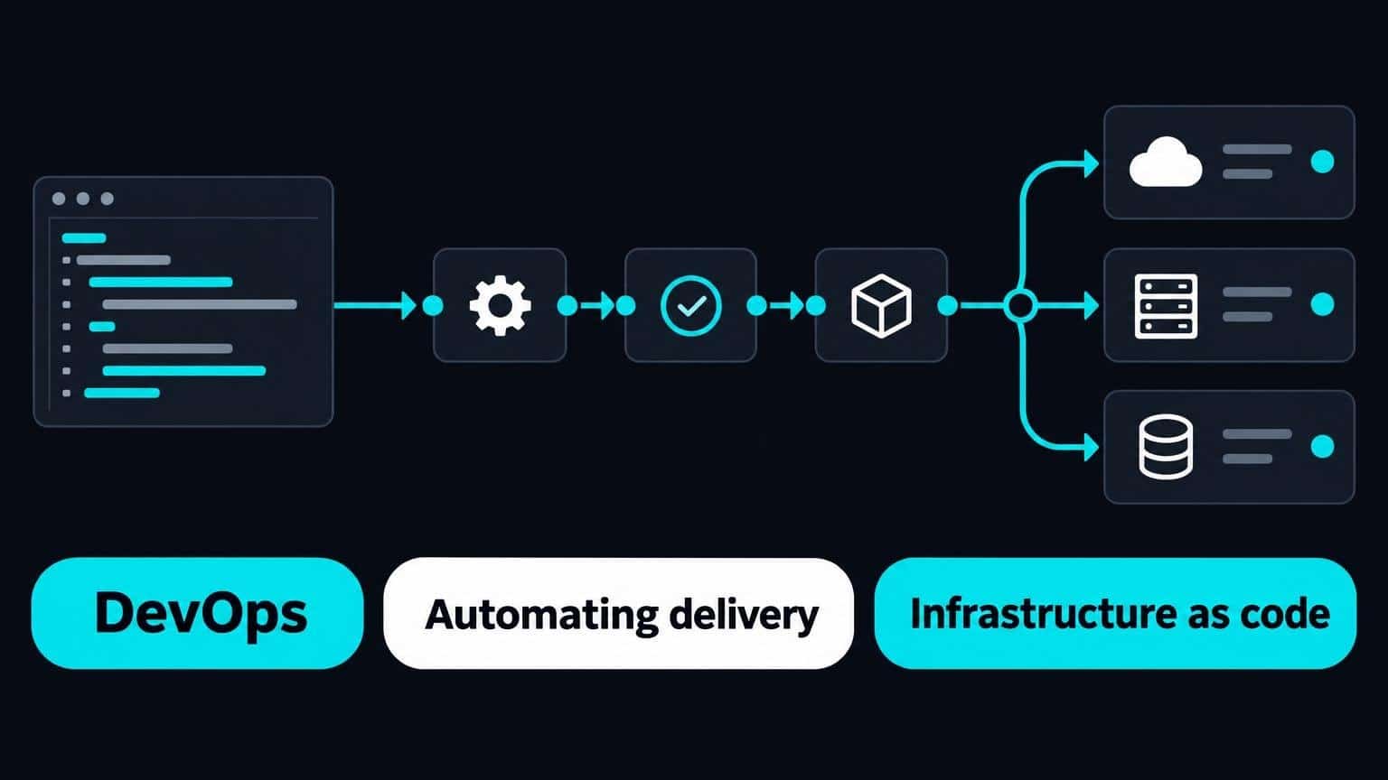 Flat vector diagram of a software deployment pipeline with high-contrast text labels.