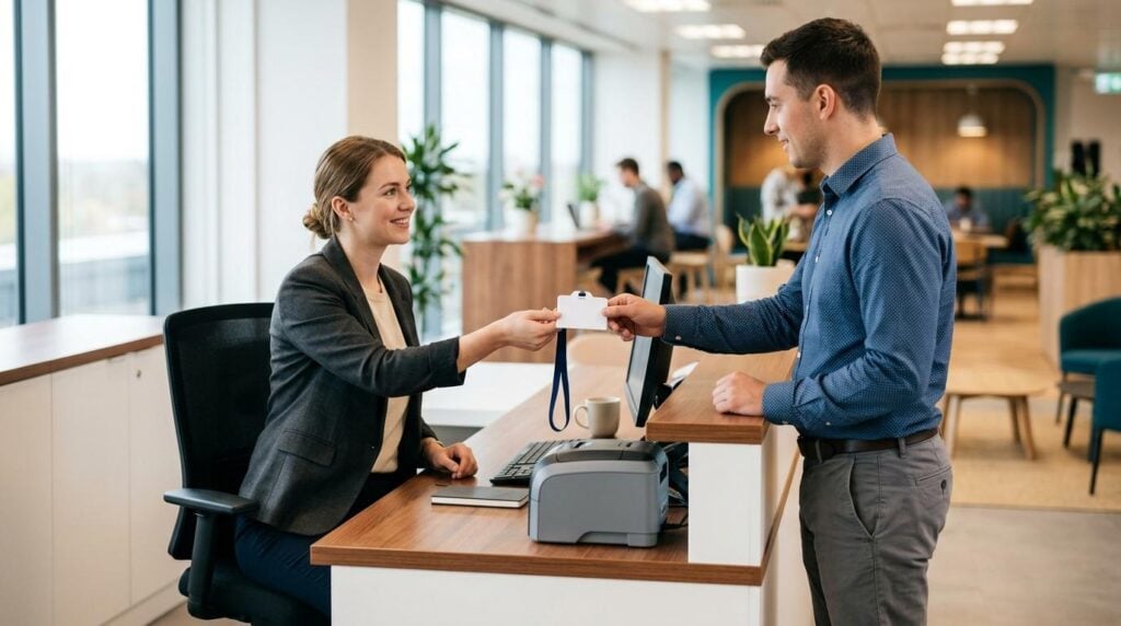 HR staff member at a front desk handing a newly printed employee ID badge on a lanyard to a new hire, next to a desktop ID card printer