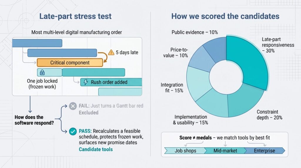 Late-part stress test methodology for choosing production scheduling software