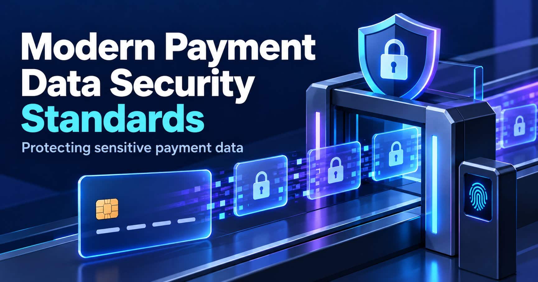 Modern payment data security standards illustration showing an encrypted card passing through a secure gateway