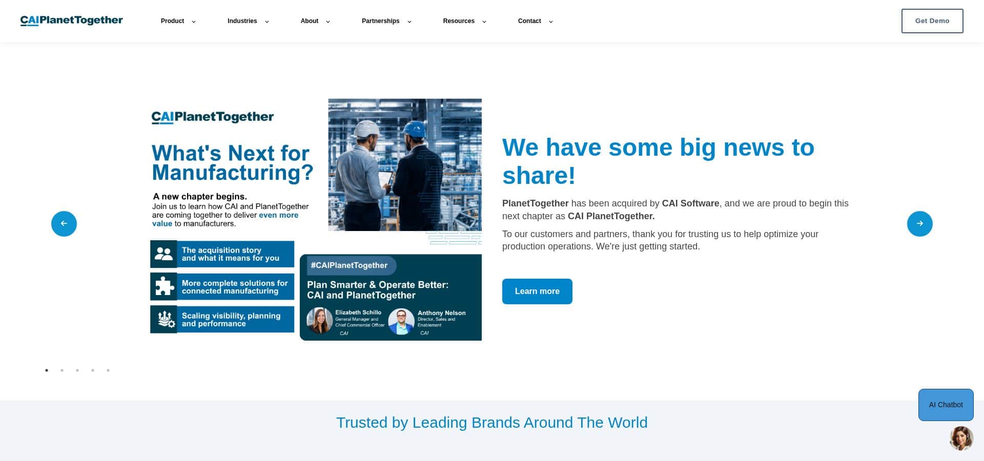 PlanetTogether APS high-mix multi-site scheduling software homepage screenshot