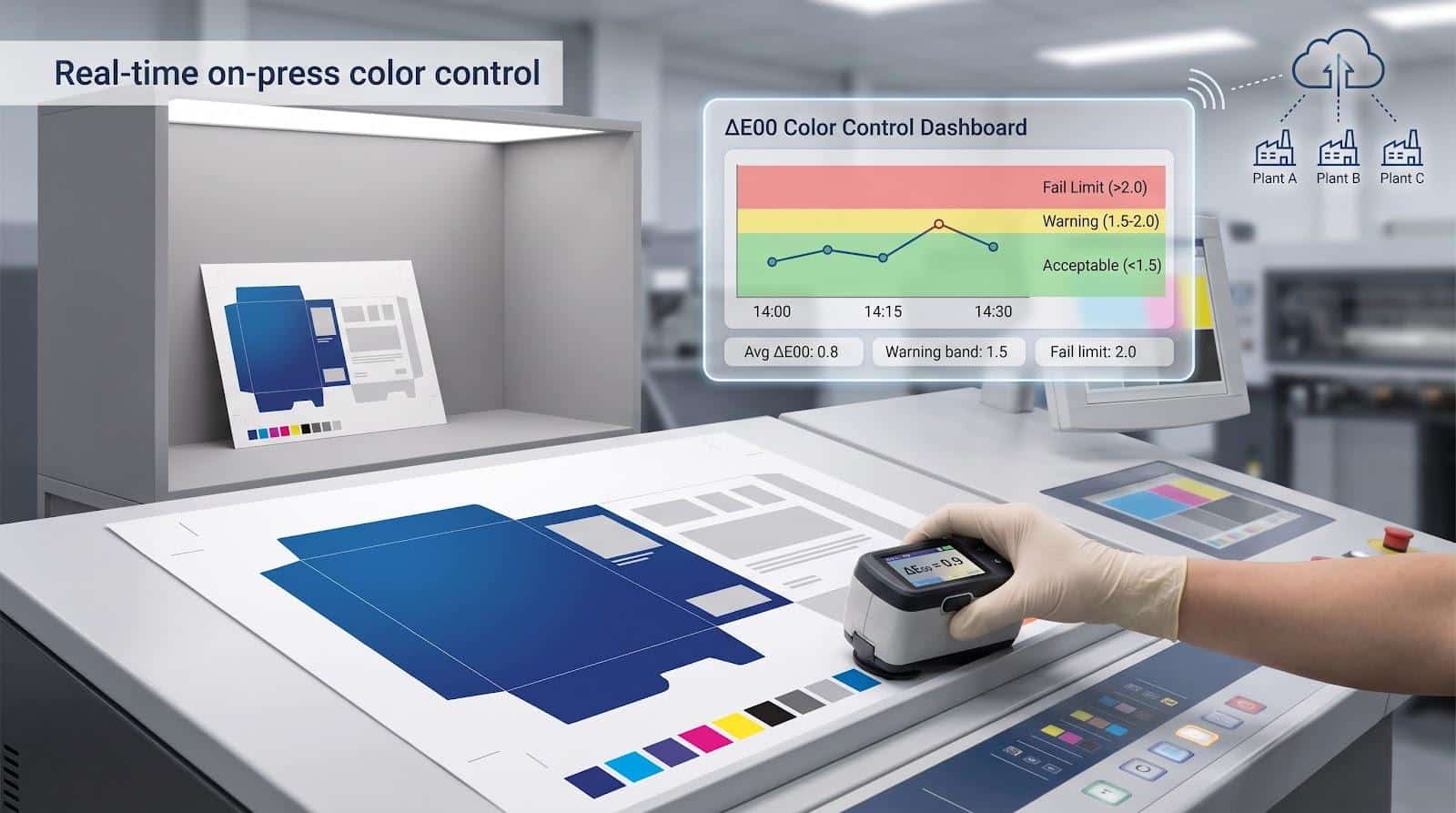 Operator measuring a printed carton sheet with a spectrophotometer while a ΔE00 color control dashboard tracks results across multiple plants during production