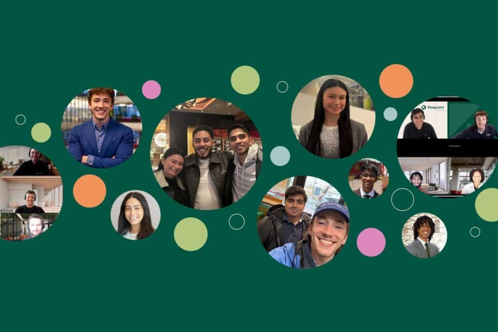 Collage of smiling Risepoint employees in circular photo frames, including remote video calls, on a green background