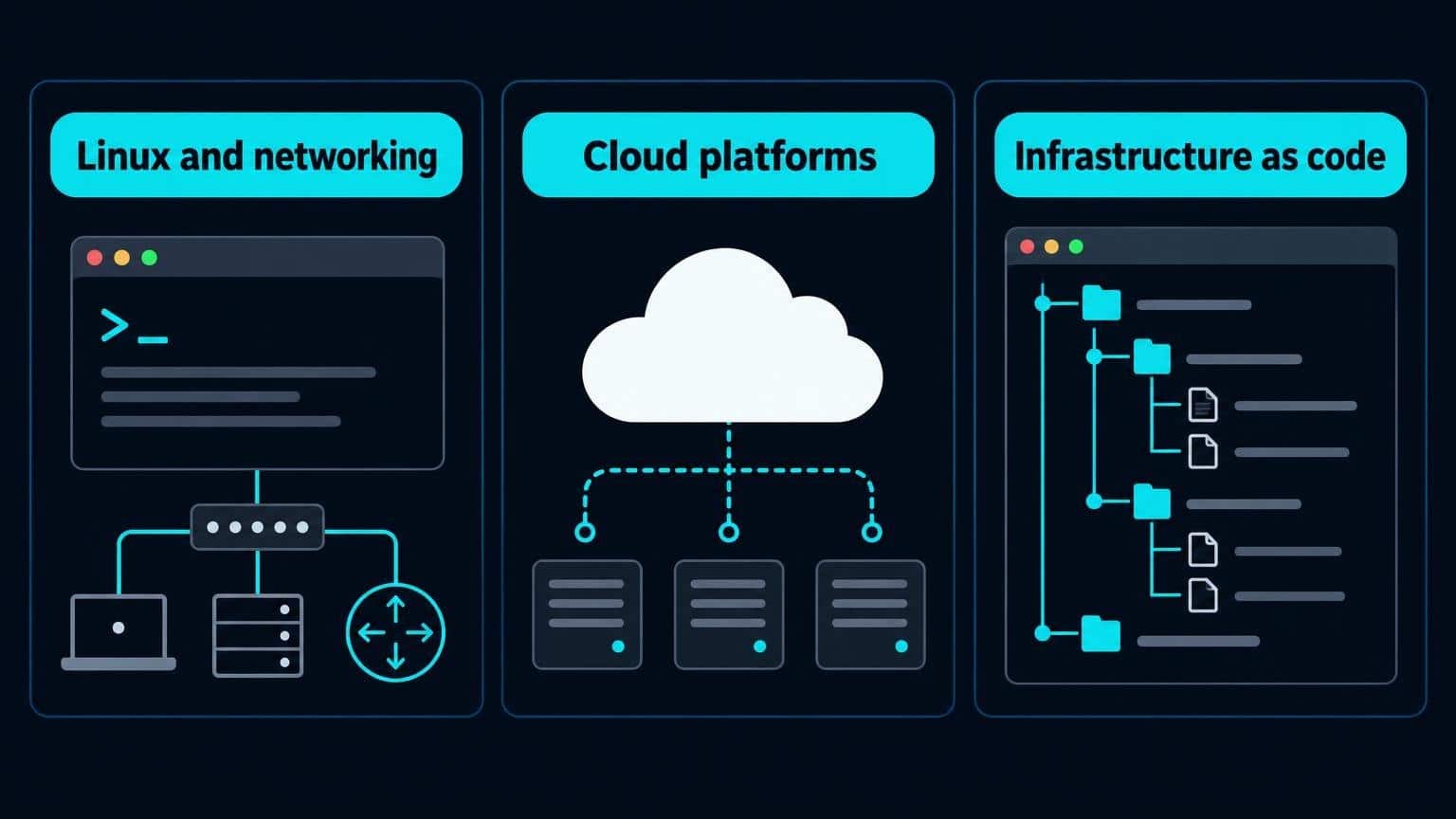 Grid layout displaying flat vector icons of server terminals and clouds with labels.