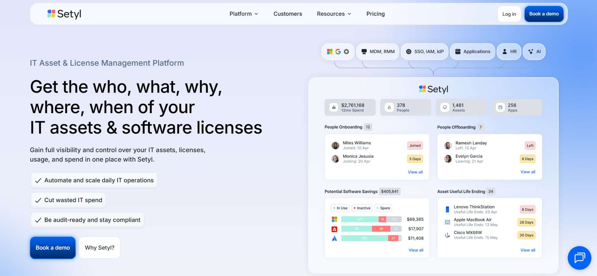 Setyl IT asset and software license management platform homepage