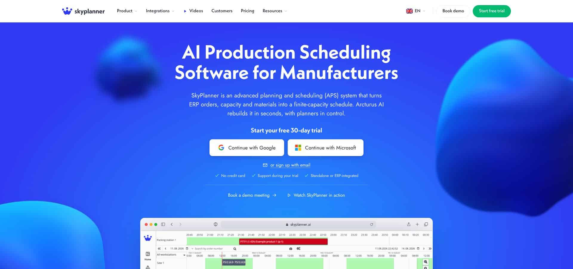 SkyPlanner APS production scheduling software homepage screenshot