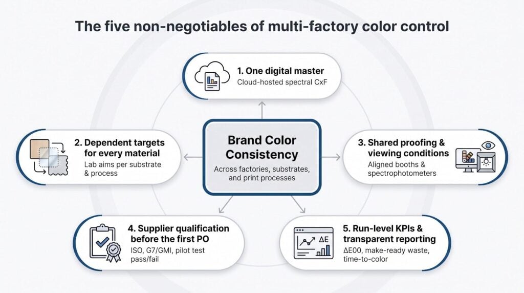 The five non-negotiables of multi-factory packaging color control: one digital master, dependent targets for every material, shared proofing and viewing conditions, supplier qualification, and run-level KPIs