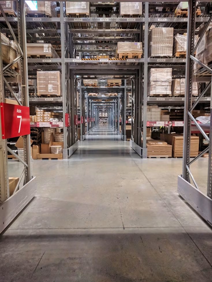 Long warehouse aisle lined with pallet racking stacked with boxed inventory