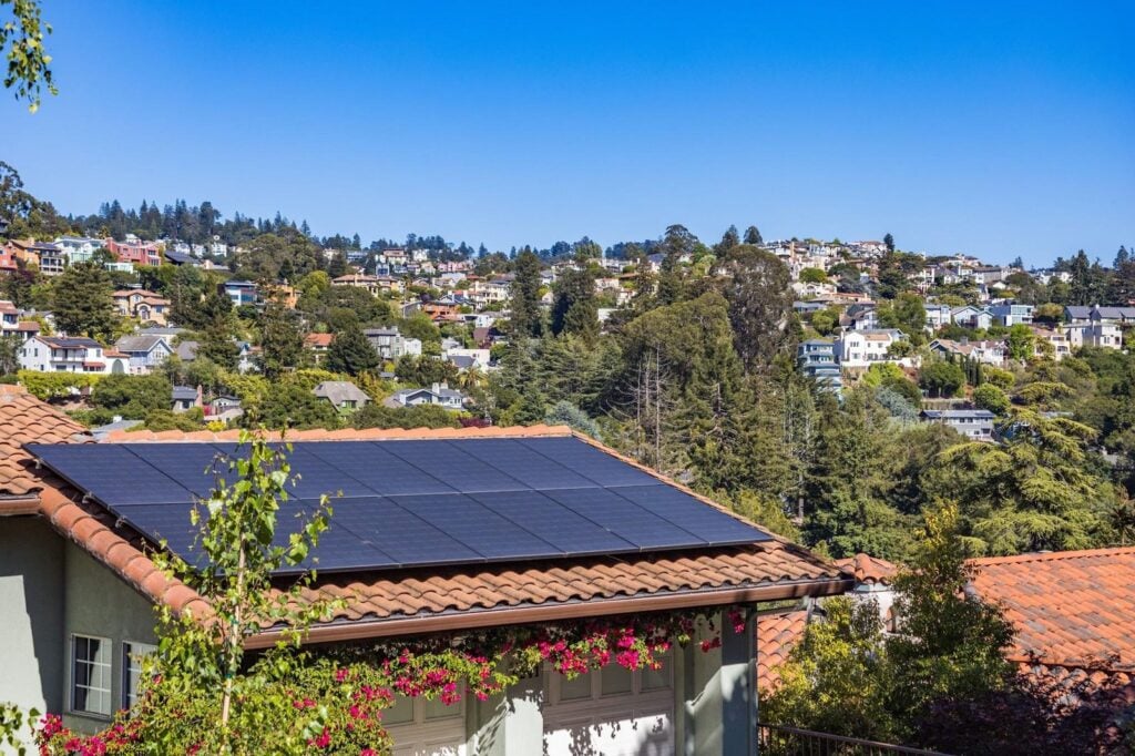 Solar panels mounted on a building roof