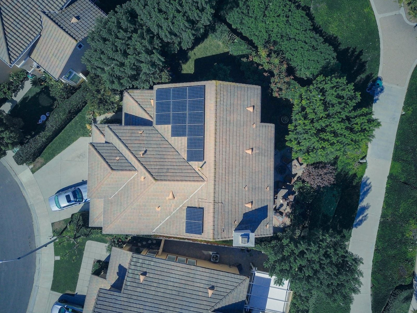 Aerial view of rooftop solar panels on a building