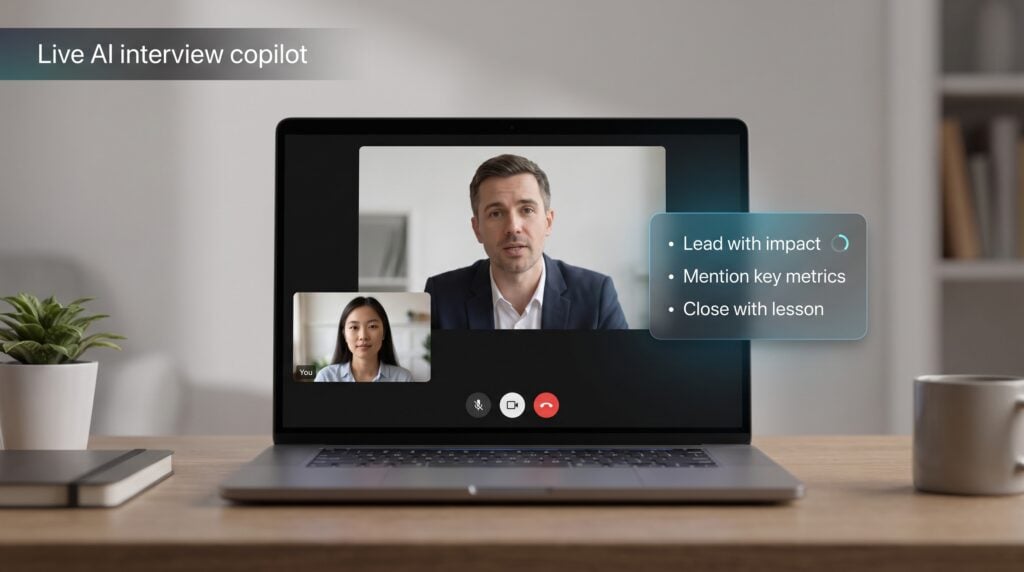 Live AI interview copilot hero illustration with minimal on-screen bullets
