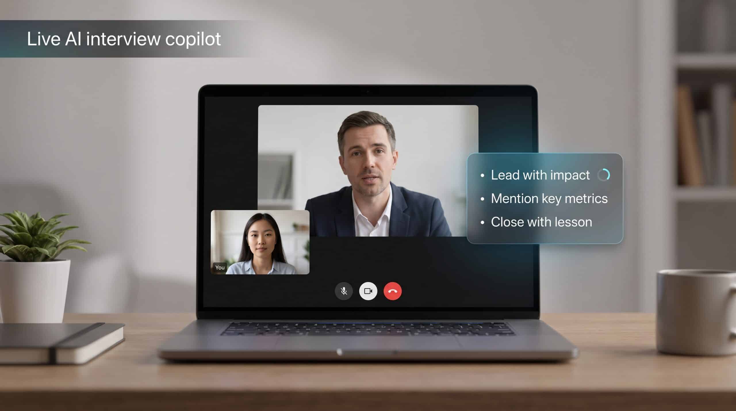Live AI interview copilot hero illustration with minimal on-screen bullets