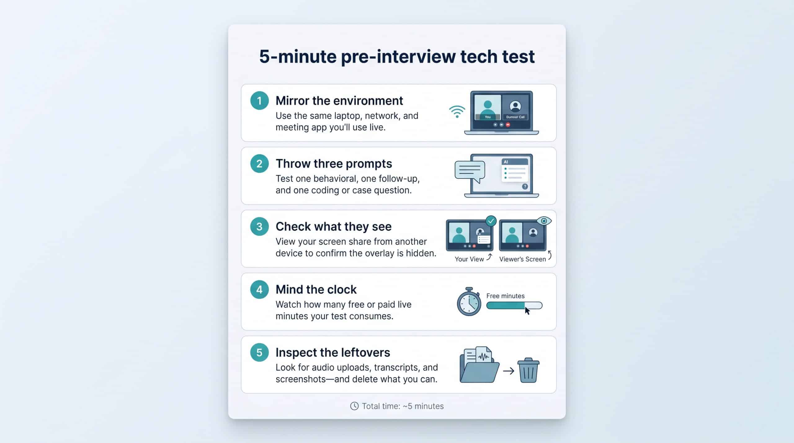 Five-minute pre-interview tech check checklist for AI copilot setup